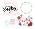 Easter eggs composition hand drawn black on white background. Decorative horizontal stripe from eggs with leaves and watercolor Royalty Free Stock Photo