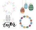 Easter eggs composition hand drawn black on white background. Decorative horizontal stripe from eggs with leaves and watercolor Royalty Free Stock Photo