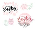 Easter eggs composition hand drawn black on white background. Decorative horizontal stripe from eggs with leaves and watercolor Royalty Free Stock Photo