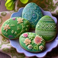 Easter Eggs Cookies with Royal Icing, Biscuit Color Eggs for Easter Design, Generative AI Illustration