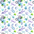 Easter eggs and cute bunny seamless pattern tile on white background. Watercolor Easter wrapping tissue swatch