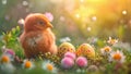 Easter eggs and cute chick on green grass. Happy Easter background. Spring landscape with little chicken and eggs