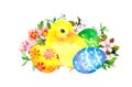 Easter eggs, cute little chick, decorated colored eggs, spring flowers. Watercolor holiday illustration