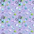 Easter eggs and cute rabbit seamless pattern tile on violet background. Watercolor Easter wrapping tissue swatch Royalty Free Stock Photo