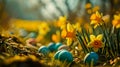 Easter eggs and daffodil flower on meadow Royalty Free Stock Photo
