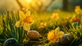 Easter eggs and daffodil flower on meadow Royalty Free Stock Photo