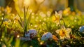 Easter eggs and daffodil flower on meadow Royalty Free Stock Photo