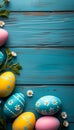 Easter eggs with daisies on old blue wooden background. AI generated. Royalty Free Stock Photo