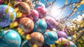 Easter Eggs Dangling from a Branch Illuminated by Sunshine, Generative AI