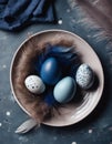 Easter eggs on dark blue plate with feathes Royalty Free Stock Photo