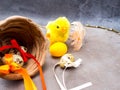 Easter eggs, yellow chicken toy, willow- the symbol of Easter Royalty Free Stock Photo