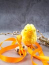 Easter eggs, yellow chicken toy, willow- the symbol of Easter Royalty Free Stock Photo