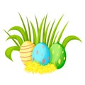 Easter Eggs Decorated With Grass And Dandelion Flowers In Cartoon Style Isolated On White Background. Spring Clip Art
