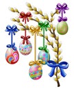 Easter eggs decorated hanging on a tree branch