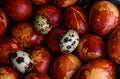 Easter Eggs Decorated with Natural Fresh Leaves and Boiled in Onions Peels, top view