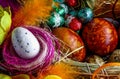 Easter Eggs Decorated with Natural Fresh Leaves and Boiled in Onions Peels, top view