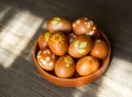 Easter eggs decorated with natural leaves and boiled in onions peels