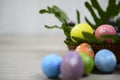 Easter eggs decoration on Easter day. With Copy paste for your text or design. Background of colorful Eastereggs in a wooden.