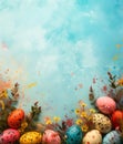 Easter eggs with delicate flowers and twigs against a background of blue sky with clouds Royalty Free Stock Photo