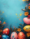 Easter eggs with delicate flowers and twigs against a background of blue sky with clouds Royalty Free Stock Photo