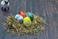 Easter eggs deposited in the hay on the wooden board.