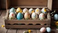 Easter Eggs displayed in a charming vintage wooden crate