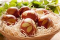 Easter eggs dyed with onion peels, with a pattern of fresh herbs Royalty Free Stock Photo