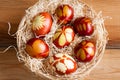 Easter eggs dyed with onion peels, with a pattern of fresh herbs Royalty Free Stock Photo