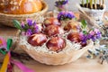 Easter eggs dyed with onion peels, with a pattern of fresh herbs Royalty Free Stock Photo