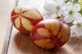 Easter eggs dyed with onion peels, with a pattern of fresh herbs Royalty Free Stock Photo