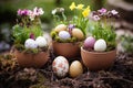 Easter eggs in eggshells with spring flowers in the garden