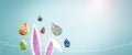 Easter eggs falling and bunny ears with sunlight on blue sky background