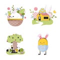 Easter-eggs festivities 2D linear illustrations concept set
