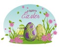 Easter eggs with figures decoration and flowers Royalty Free Stock Photo