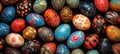 Easter eggs with floral and abstract patterns displayed against black backdrop. Ideal for festive content, event