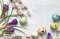 Easter eggs and floral abstract on wooden background Royalty Free Stock Photo