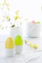Easter eggs and flowering branches on wooden table Royalty Free Stock Photo