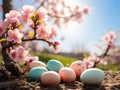 Easter eggs under a blossoming sakura tree Royalty Free Stock Photo