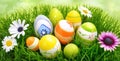 Easter eggs and flowers on grass Royalty Free Stock Photo