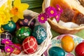 Easter eggs with flowers - green background