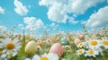 Easter eggs and flowers in a meadow, celebrating Easter under the sky Royalty Free Stock Photo