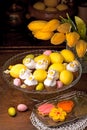 Easter eggs, flowers and muffins, cupcake with sugar decorations for easter