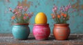 Easter eggs and flowers on wooden background Royalty Free Stock Photo