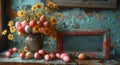 Easter eggs and flowers on wooden table. A bunch of colored eggs in glasses Royalty Free Stock Photo