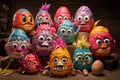 Easter eggs in the form of funny monsters on a dark background