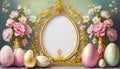 Easter eggs and frame with flowers on blue background. Royalty Free Stock Photo