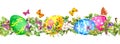 Easter eggs in fresh grass, spring flowers with butterflies. Watercolor horizontal seamless border stripe Royalty Free Stock Photo