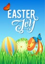 Easter eggs in Fresh Green Grass. Decorated Easter Eggs in Grass on Sky Background. Happy Easter Calligraphy Poster Royalty Free Stock Photo