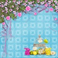 Easter eggs and funny bunny on abstract background Royalty Free Stock Photo