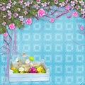 Easter eggs and funny bunny on abstract background Royalty Free Stock Photo